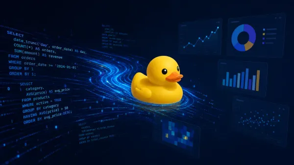 A stylized yellow duck swimming through a stream of glowing SQL code and data charts on a dark background