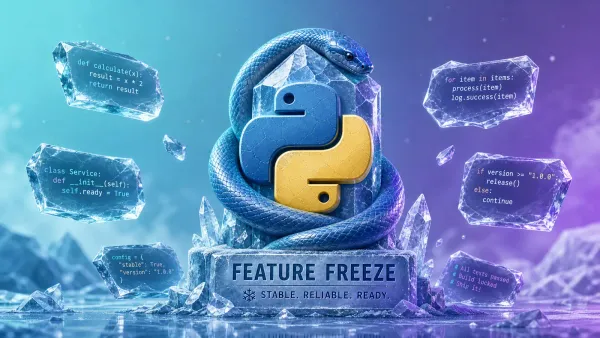Python 3.15 feature freeze illustration showing new language features, performance improvements, and a release timeline