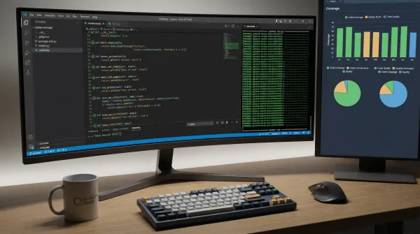 Code editor showing pytest test cases with green passing indicators and terminal output