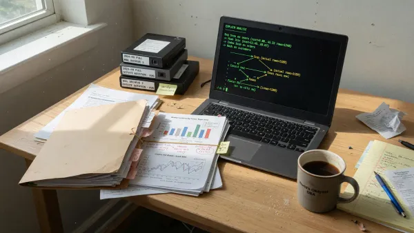 Desk with a laptop showing a query plan, a folder of parquet files, and a printed notebook, no vendor logos