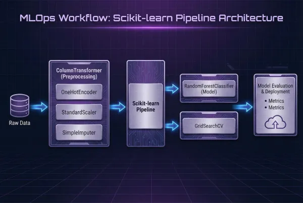 ML pipeline workflow diagram showing data flow from raw data to deployed model