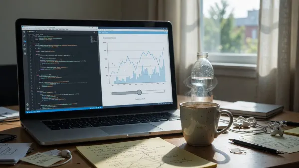 Laptop on a desk showing a Python file and a browser notebook with a slider, daylight, no logos or readable UI text