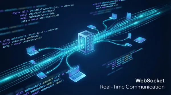 FastAPI WebSocket real-time connection diagram showing bidirectional data flow between server and multiple clients