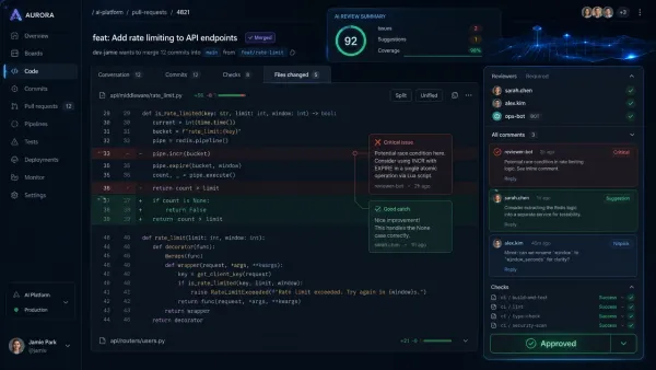 A code review screen showing Python code with red and green annotations