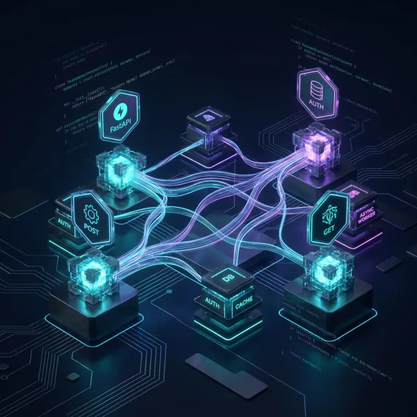 FastAPI production architecture diagram showing API endpoints, middleware, and deployment components