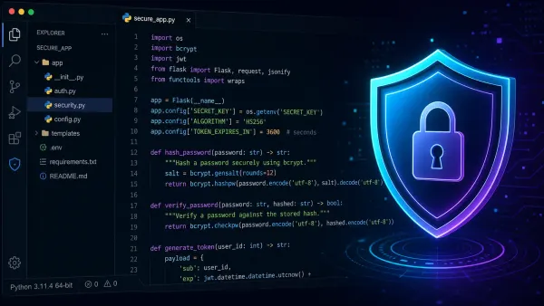 A Python code editor displaying secure coding patterns with a shield icon overlay, rendered in Pyrastra's cyan and purple color scheme.