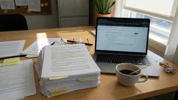 Printed bylaw pages and a laptop showing a GitHub pull request on a wooden table, daylight, no logos