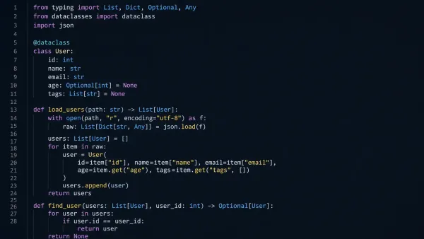 Python code with type annotations highlighted in a modern code editor with dark theme, showing function signatures with parameter and return types
