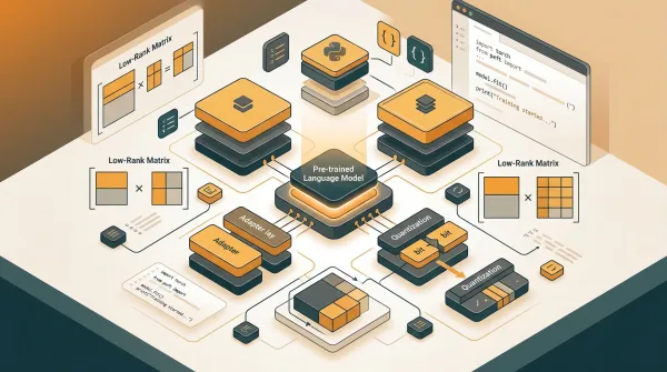 Editorial illustration of a compact language model with adapter layers, quantization blocks, and Python workflow elements