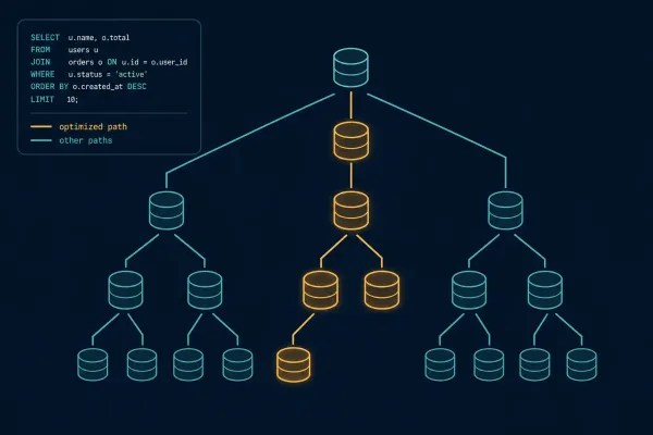 Abstract visualization of database query optimization with interconnected nodes and data flow patterns
