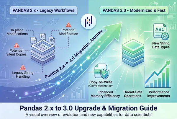 Pandas 3.0 migration guide showing data transformation and upgrade process