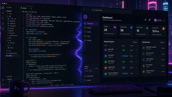 A split screen showing Python code on the left transitioning into a rendered web interface on the right, with minimal JavaScript icons, clean developer aesthetic