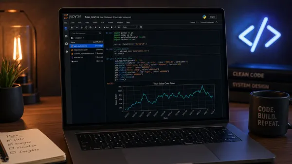 A Jupyter notebook interface with Python code cells and data visualizations displayed on a dark background, with the Jupyter logo prominently visible