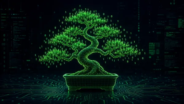 A glowing bonsai tree rendered in neon green wireframe against a dark background, with tiny binary digits (0s and 1s) floating around the branches like digital leaves