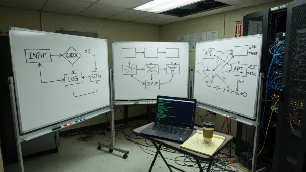 Three labeled whiteboards in a server room: DAG, asset, and Python flow, with a laptop showing a terminal, no vendor logos