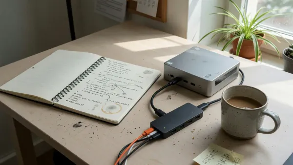 A laptop on a desk showing a Python editor next to a USB-C hub, a small unlabeled metal Mac mini-style box beside it, daylight, no logos