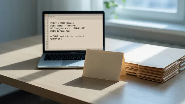 Wooden desk with a laptop showing a SQL editor, a small unlabeled database file card, and a stack of manila folders in daylight