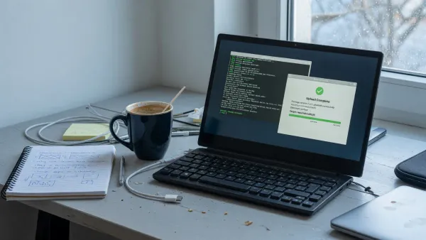 Laptop on a desk showing a cibuildwheel log and a PyPI upload confirmation, coffee mug, no readable secrets