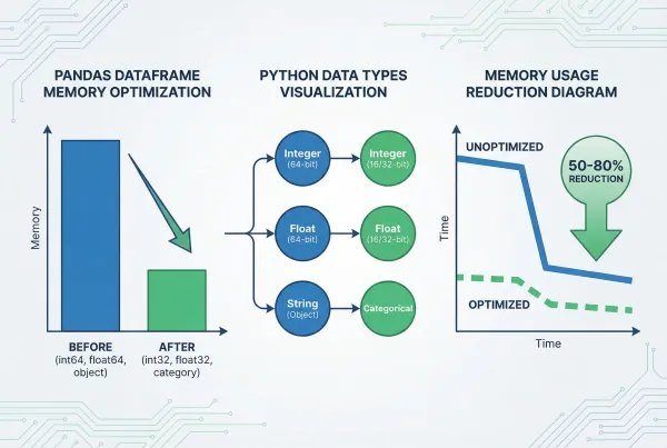 Pandas memory optimization flowchart showing dtype conversion and memory reduction