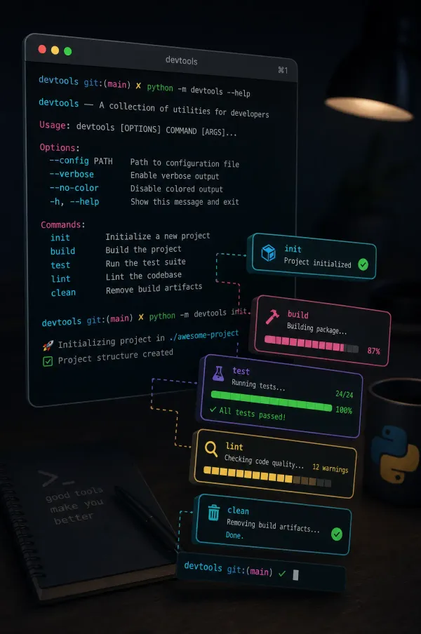 Python CLI tools with terminal interface showing Click and Typer command examples