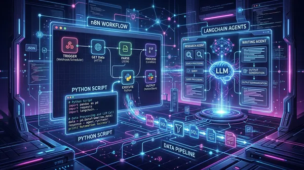 Workflow diagram of Python AI automation libraries connected across orchestration and agent pipelines