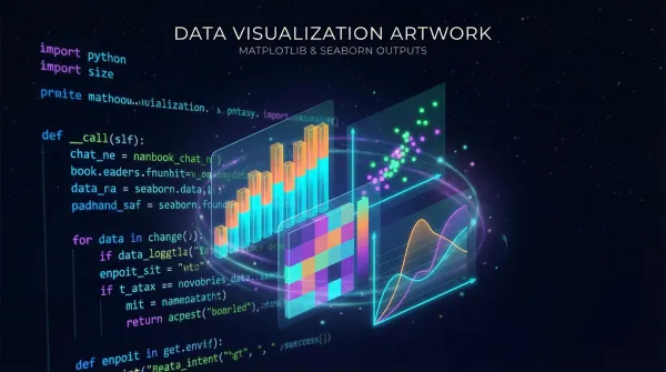 Colorful data visualization charts created with Matplotlib and Seaborn showing line plots, bar charts, and heatmaps on a dark background