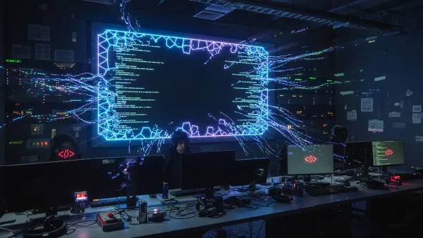 An abstract visualization of AI security boundaries being breached — glowing code streams escaping a contained digital perimeter against a dark background