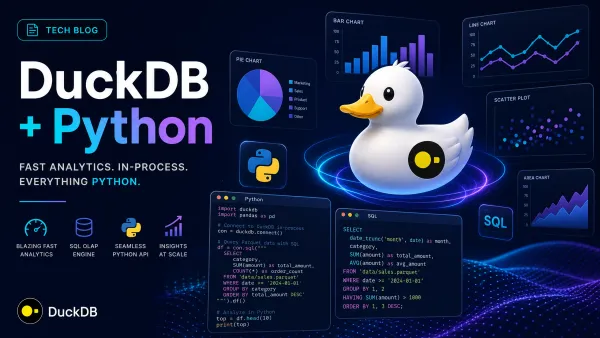 DuckDB SQL query engine icon floating above Python code with data visualization charts