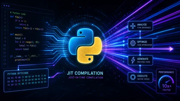 Abstract visualization of Python code being compiled with speed lines suggesting JIT compilation performance